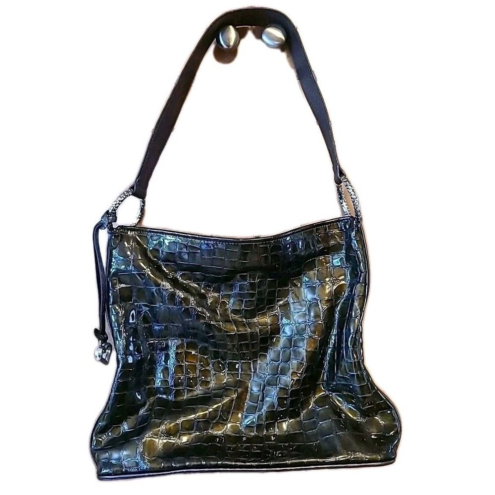 BRIGHTON CHER Croc SOFT Patent Leather Bronze Purse Blue Interior EUC Y2K